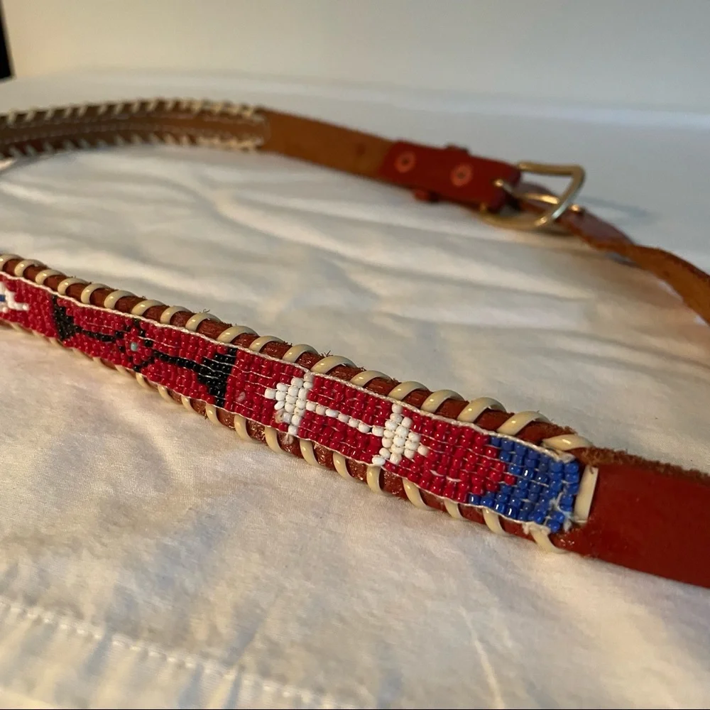 Vintage Beaded Leather Belt Thunderbird Native American Souvenir Red Youth Lg XL